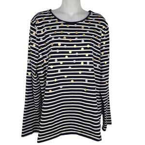 Talbots Tee Women's XL Navy Long Sleeve Crewneck Stripe Metallic Dot Gold Silver